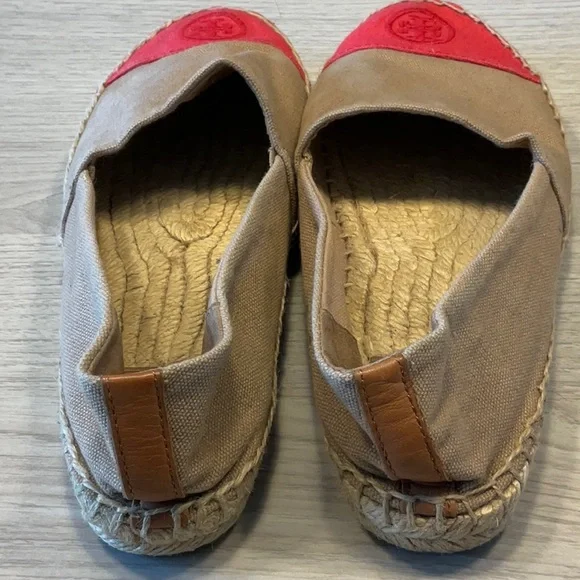 Tory Burch Color Block Espadrille Flat Canvas Tan Red- Size 7 Medium - Picture 5 of 16